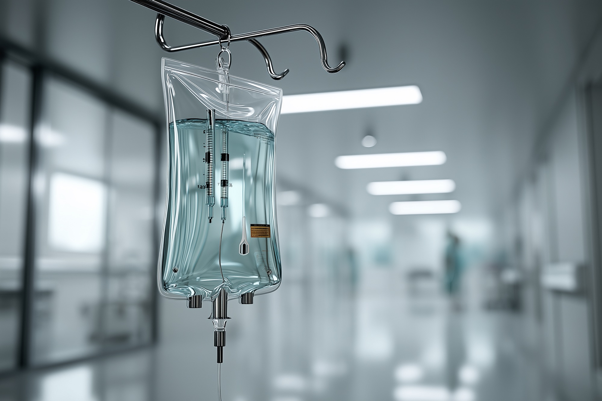 Clear IV fluid bag in soft clinical light