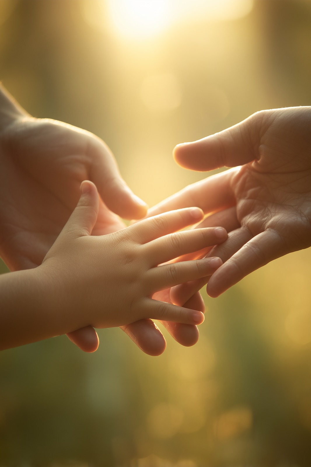 Three hands reaching toward one another in warm light